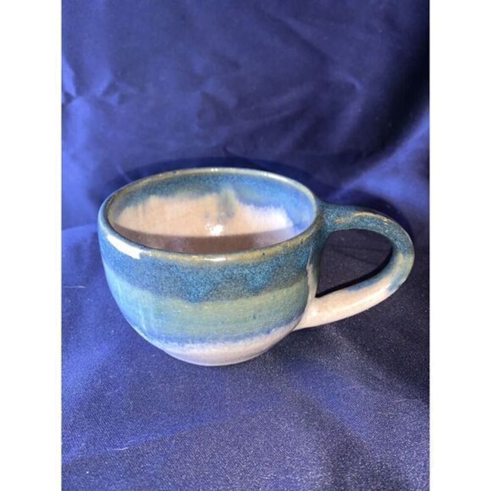 Signed POTTERY CUP Blue Beige Dripping 2.5" Tall